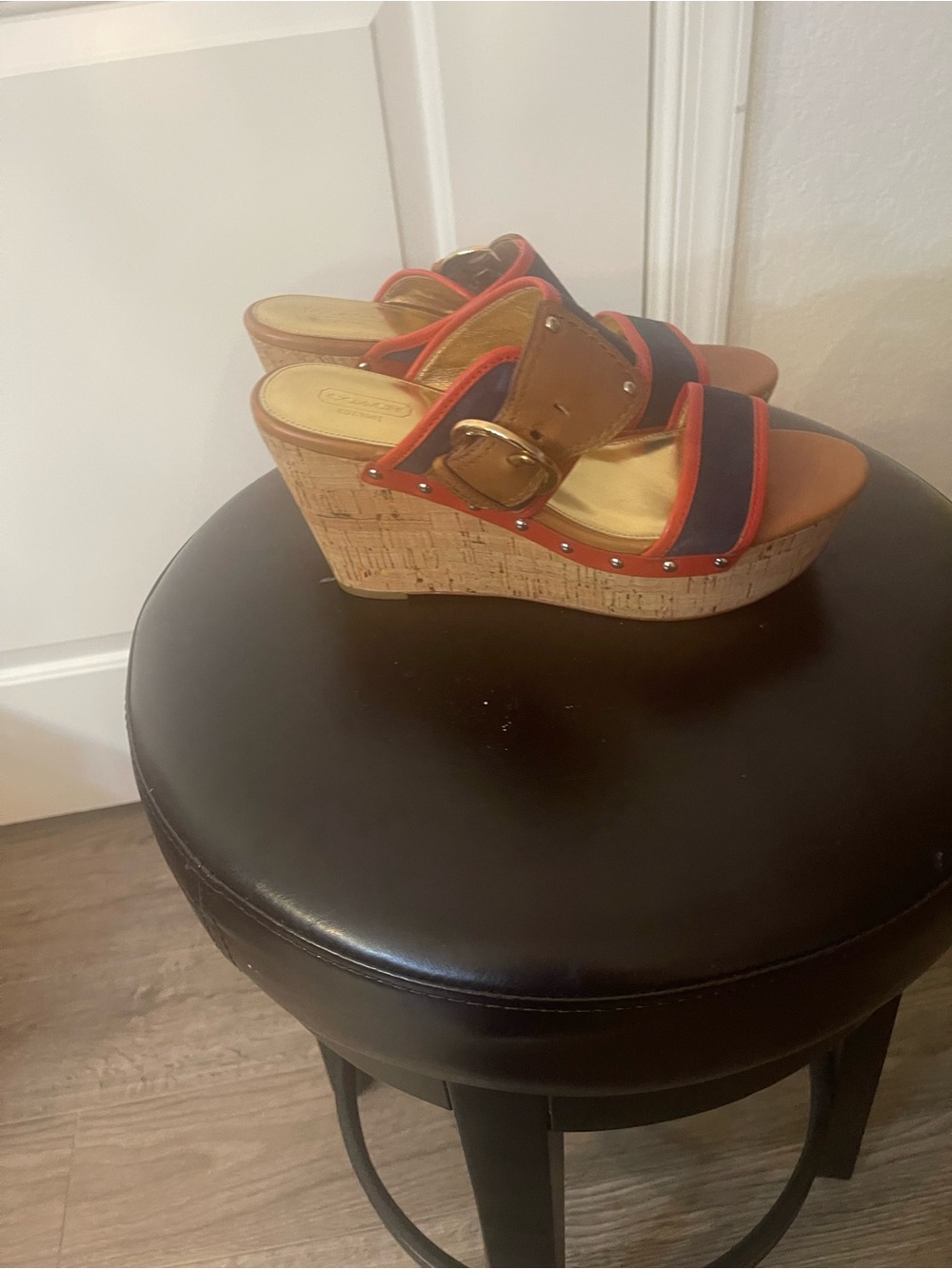 Coach Navy and Tan Wedge Sandals with Red Trim - Picture 2 of 4